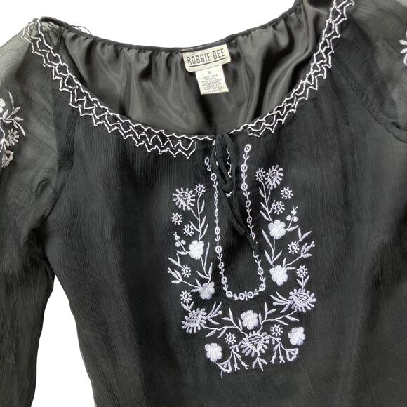 Robbie B Vintage Y2K Silk Boho Embroidered Blouse Size 8 Whimsygoth Black White - Picture 2 of 6